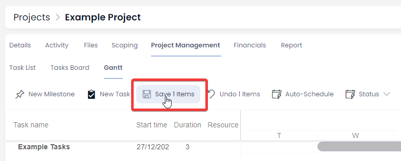 A screenshot showing the location of the Save button, to save all changes made to tasks on the Gantt